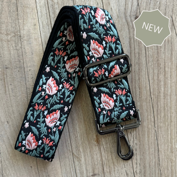 Poppy Black Floral Crossbody Bag Strap (Gunmetal)