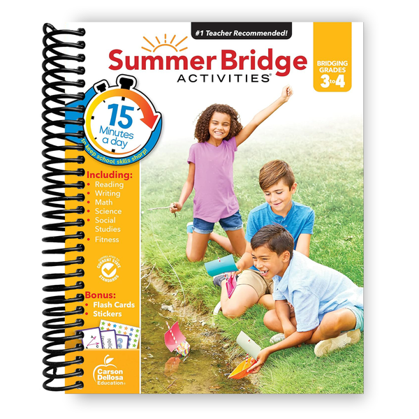 Lay it Flat Summer Bridge Activities 3rd to 4th Grade Workbooks All Subjects With Flash Cards (Spiral Bound)