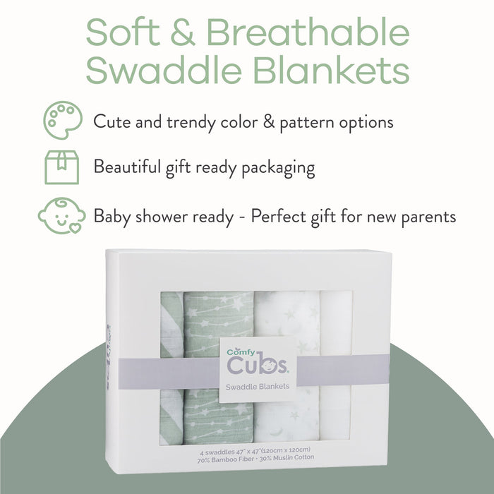 Comfy Cubs Baby Muslin Swaddle Blankets, 4 Pack - Green