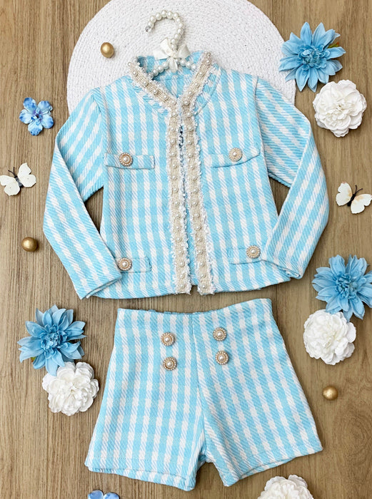 Mia Belle Girls Preppy Outlook Blue Gingham Blazer and Short Set