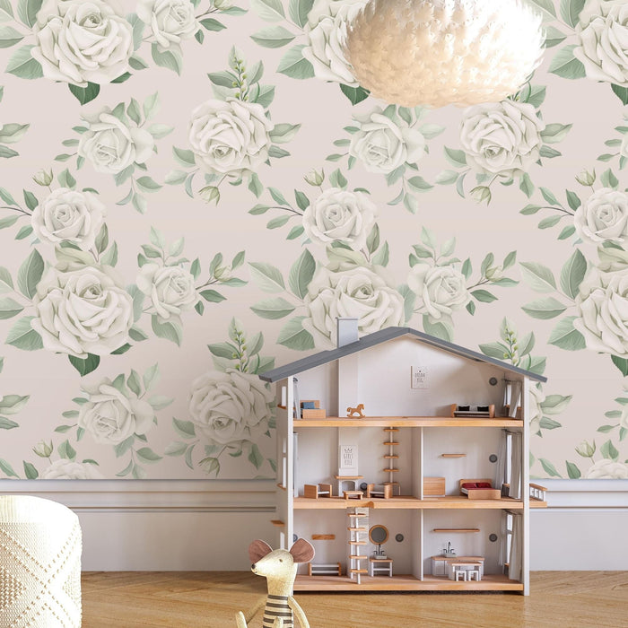 TeepeeJoy Floral Wallpaper Peel and Stick or Traditional - White Roses