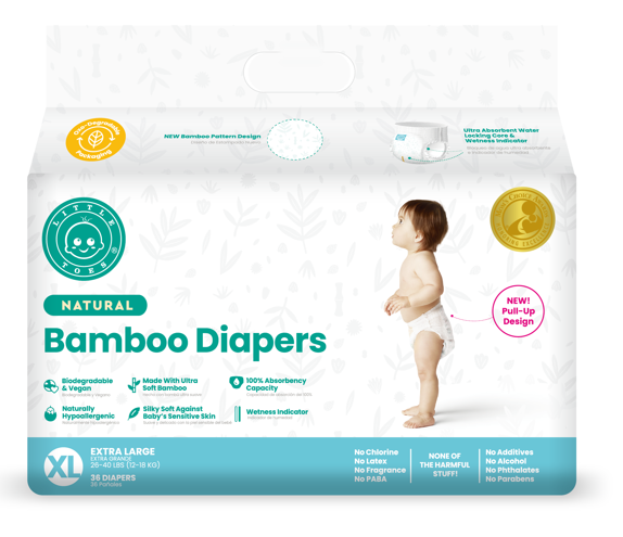 Little Toes Disposable Natural Bamboo Diapers and Pull-Ups | Go Green | 36 Packs