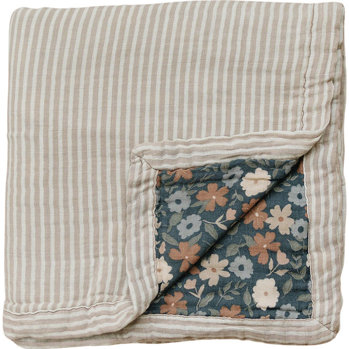 Mebie Baby Taupe Stripe + Midnight Floral Muslin Quilt