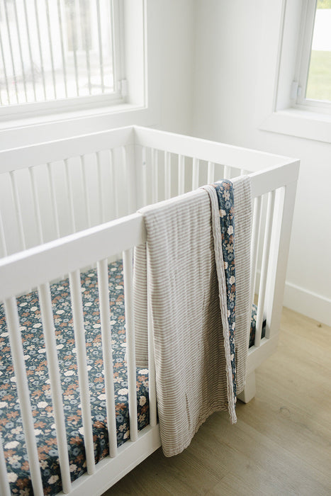 Mebie Baby Taupe Stripe + Midnight Floral Muslin Quilt