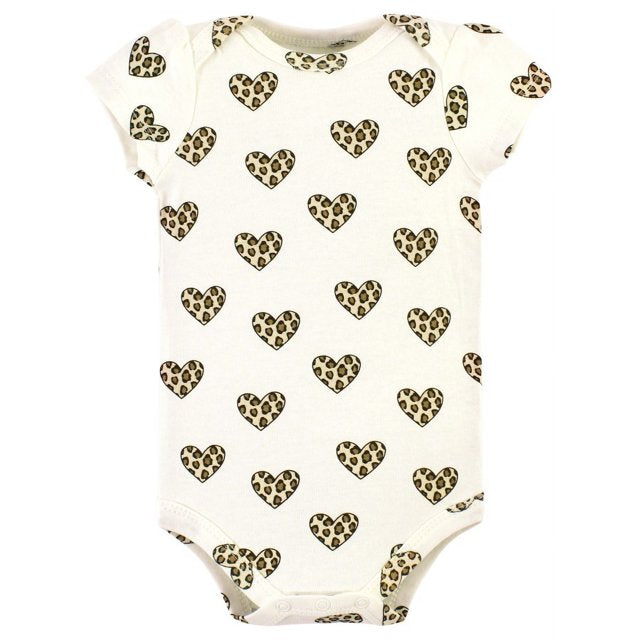 Hudson Baby Girl Baby Cotton Bodysuit, Pant and Bib Set, Leopard Hearts
