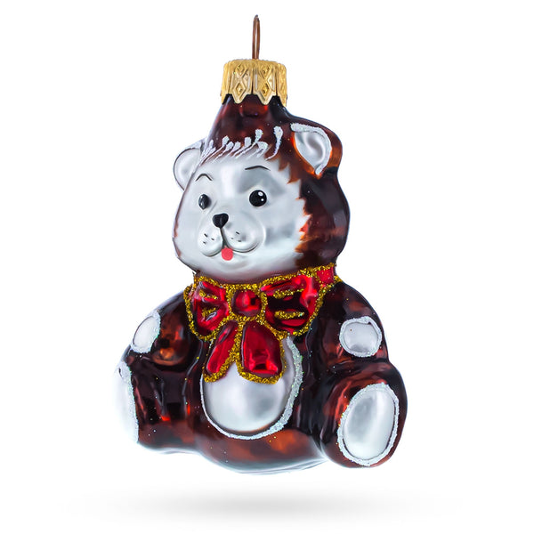 BestPysanky Cute Baby Bear with Red Bow Mini Glass Christmas Ornament