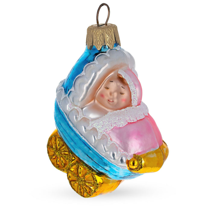 BestPysanky Newborn Baby Girl in a Stroller Glass Christmas Ornament