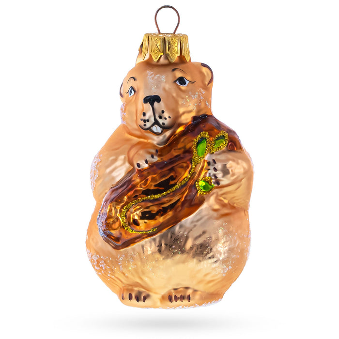 BestPysanky Otter Holding a Log Glass Christmas Ornament