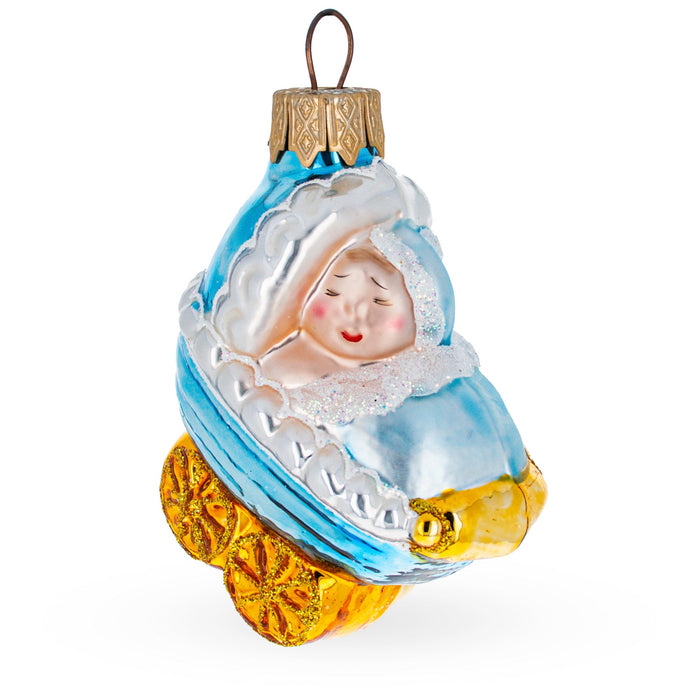 BestPysanky Newborn Baby Boy in a Stroller Glass Christmas Ornament