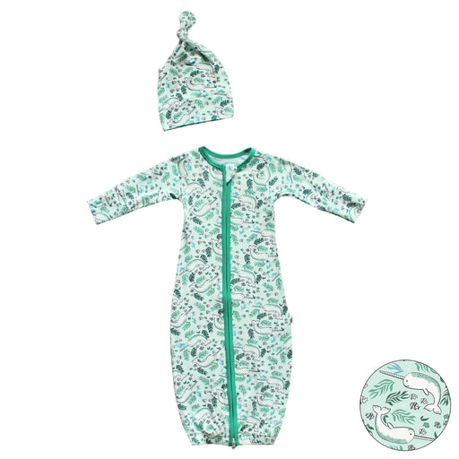 Free Birdees Aquamarine Narwhals Newborn Gown & Knot Hat Set