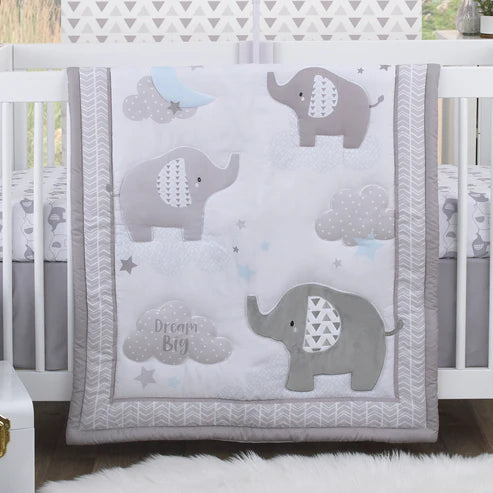 Little Love by NoJo Elephant Stroll Dream Big Clouds and Stars with Chevron Border 3 Piece Nursery Crib Bedding Set