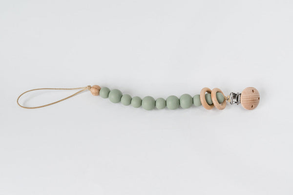 Babeehive Goods Sage Silicone Bead & Wood Ring Pacifier Clip