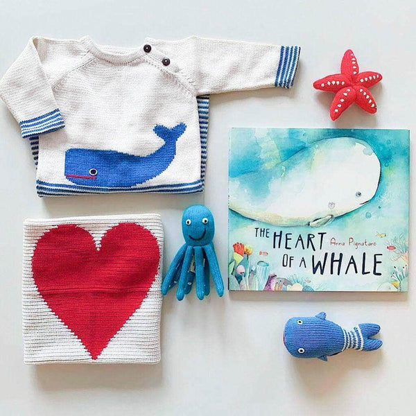 Estella Baby Gift Set - Handmade Whale Long Romper, Heart Lovey, Sea Rattles and Whale Book