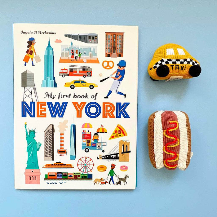 Estella New York Baby Gift Set - "My first book of New York", Organic Newborn Rattle Toys | Taxi and Hot Dog