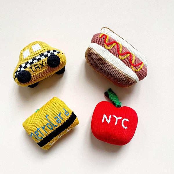 Estella New York City Baby Gift Set - Organic Newborn Toy Rattles | Taxi, Metro Card, hot dog & Apple