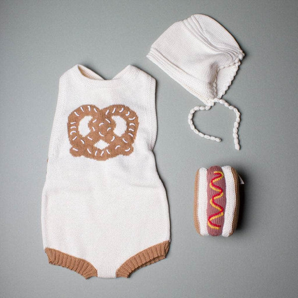 Estella Organic Baby Gift Set - Hand Knit Pretzel Romper, Bonnet Rattle Toy