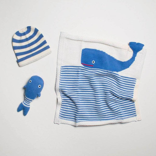 Estella Organic Baby Gift Set - Handmade Lovey Blanket, Rattle Toy & Hat | Whale