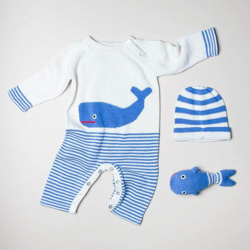 Estella Organic Baby Gift Set - Handmade Newborn Long Romper, Hat & Rattle Toy | Whale