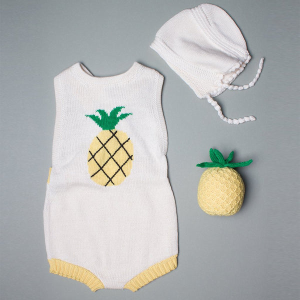 Estella Organic Baby Gift Set - Handmade Newborn Romper, Bonnet Hat & Rattle Toy | Pineapple