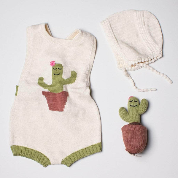 Estella Organic Baby Gift Set - Handmade Newborn Romper, Bonnet & Rattle Toy | Cactus