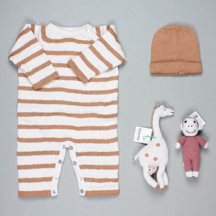 Estella Organic Baby Gift Set | Knit Romper, Hat, Giraffe & Monkey Toys
