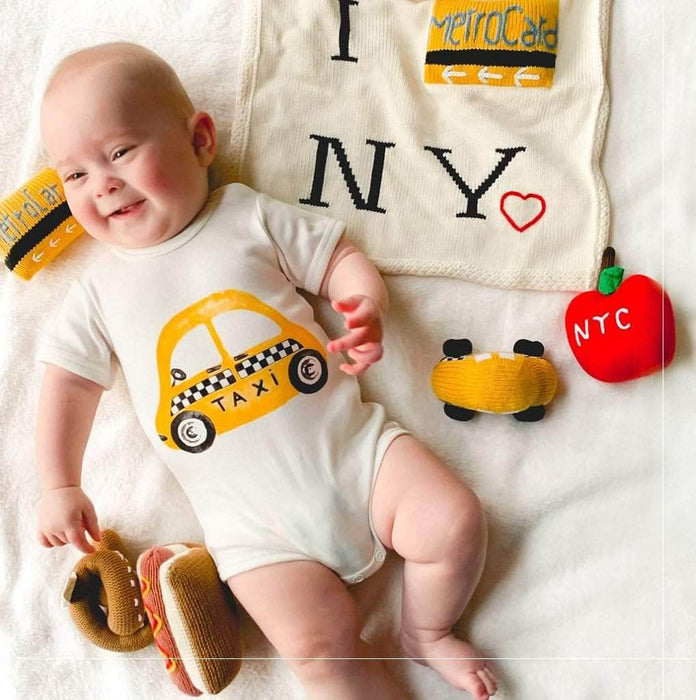 Estella Organic Baby Gift Set - New York Metro-card Blanket, Hat & Apple Rattle
