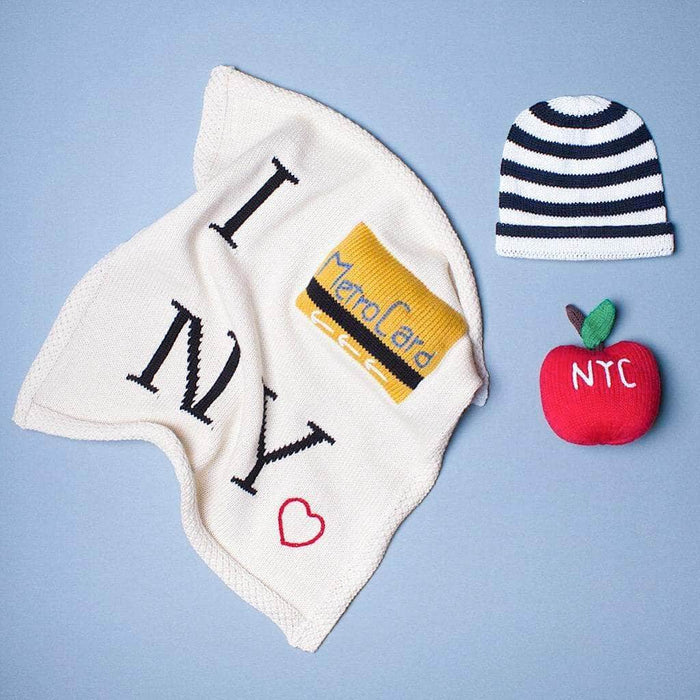 Estella Organic Baby Gift Set - New York Metro-card Blanket, Hat & Apple Rattle
