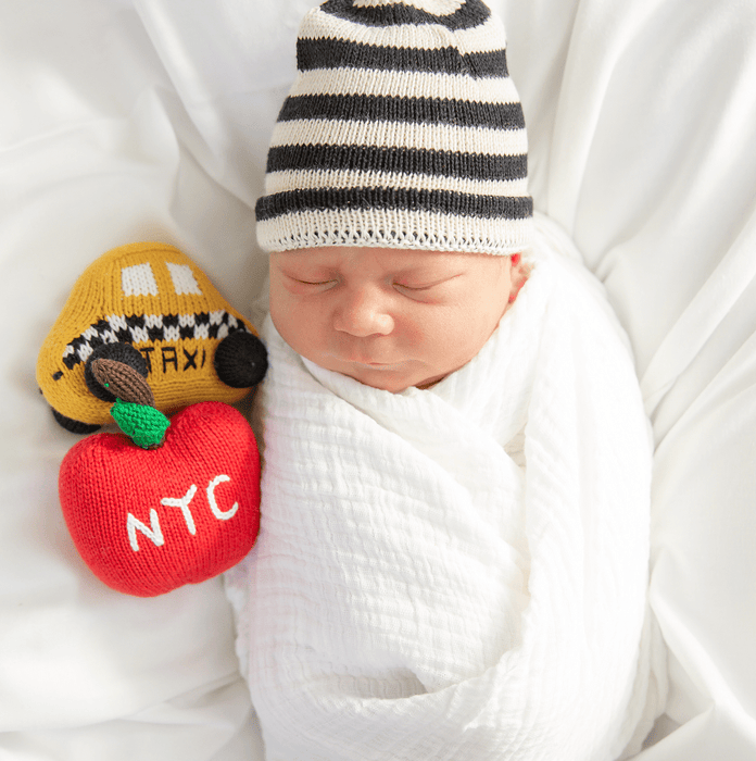 Estella Organic Baby Gift Set - New York Taxi Onesie, NYC Rattle Toys, Knit Doll and Blanket, Baby Hat | Apple, Taxi and Dog