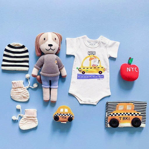 Estella Organic Baby Gift Set - New York Taxi Onesie, NYC Rattle Toys, Knit Doll and Blanket, Baby Hat | Apple, Taxi and Dog