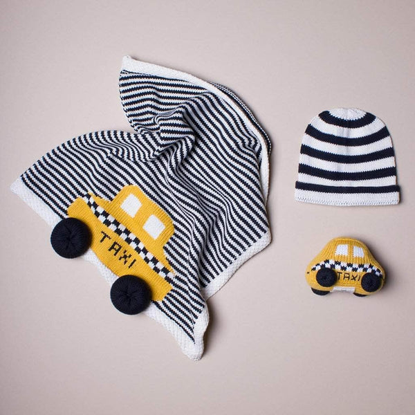 Estella Organic Baby Gift Set - Newborn Lovey Blanket, Rattle Toy & Hat | Taxi