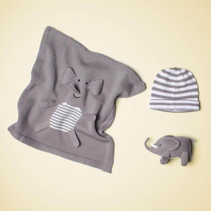 Estella Organic Baby Gift Set - Newborn Rattle, Lovey Blanket & Hat | Elephant