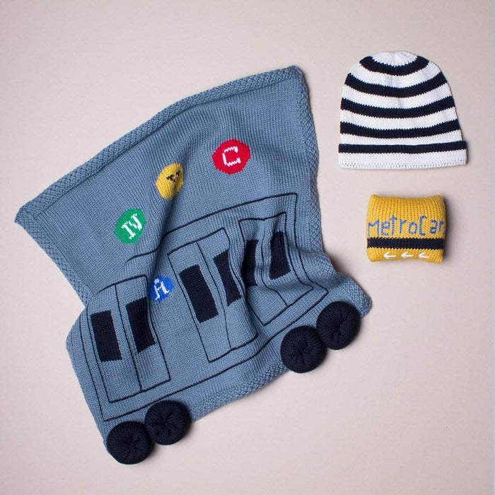 Estella Organic Baby Gift Set - Newborn Security Blanket, Rattle Toy & Hat | New York MTA Train & Metro Card