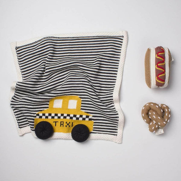 Estella Organic Baby Gift Set - Newborn Security Blanket, Rattle Toys | NYC Taxi, Hot Dog & Pretzel