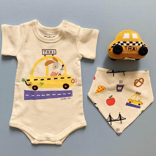Estella Organic Baby Gift Set - NYC Taxi Infant Onesie, Newborn Rattle Toy & Bib
