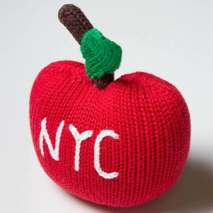 Estella Organic Baby Gift Set - Sleeveless Hand Knit Newborn Romper, Apple Rattle Toy & Hat