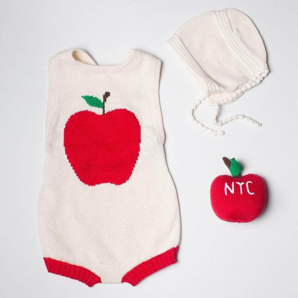 Estella Organic Baby Gift Set - Sleeveless Hand Knit Newborn Romper, Apple Rattle Toy & Hat