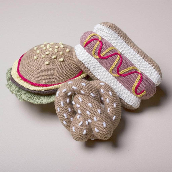 Estella Organic Baby Gift Sets - Handmade Newborn Rattle Toys | Hotdog, Hamburger & Pretzel