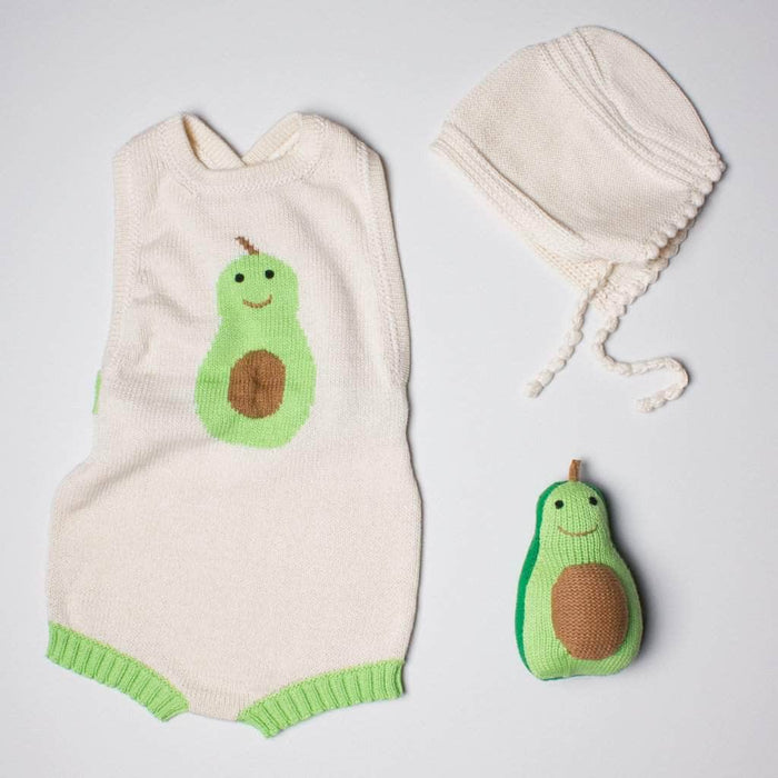 Estella Organic Baby Gift Sets - Sleeveless Hand Knit Newborn Romper, Bonnet & Infant Rattle Toy | Avocado