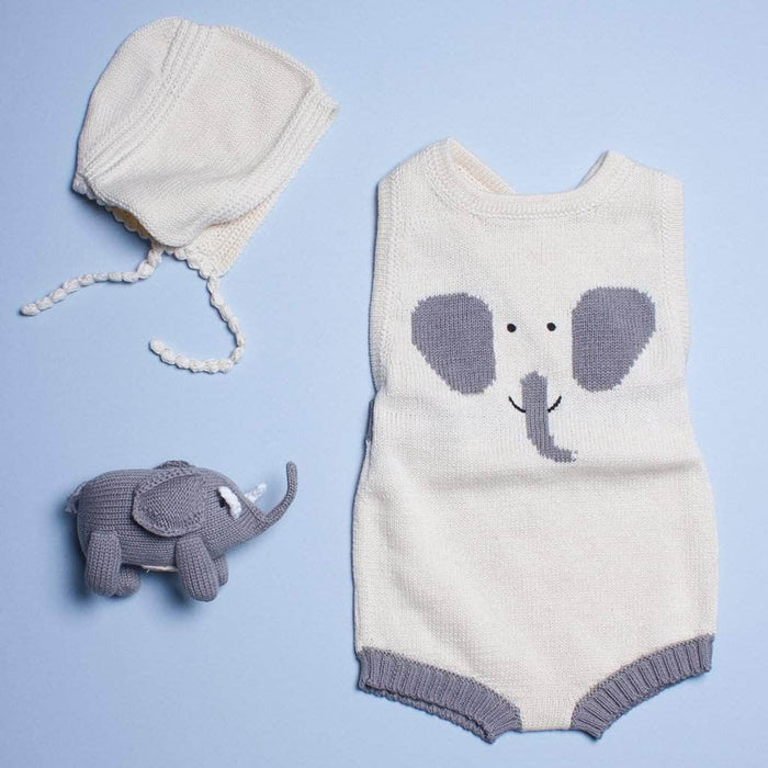 Estella Organic Cotton Baby Gift Set - Elephant Baby Rattle, Organic Baby Romper & Bonnet Hat