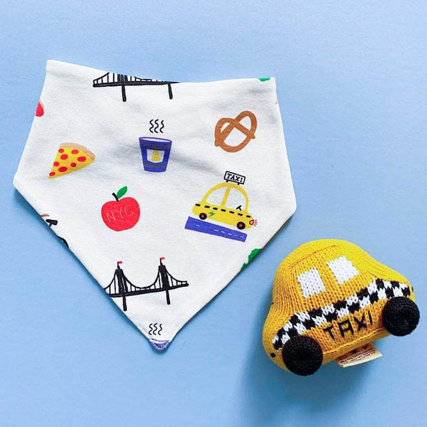 Estella Organic Baby Gift Set - New York Bib & Taxi Rattle toy