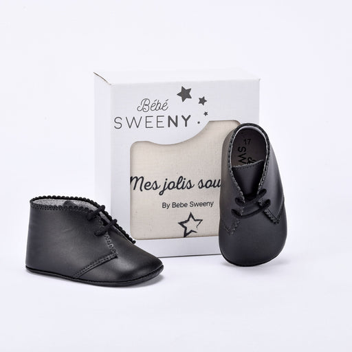 Bebe Sweeny Boys Black Leather Pre-Walker Lace Shoes with Scalloped Edge