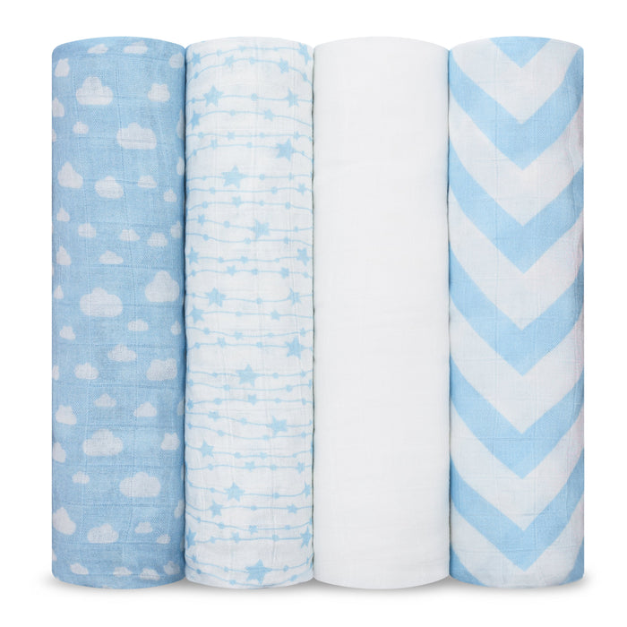 Comfy Cubs Baby Muslin Swaddle Blankets, 4 Pack - Blue