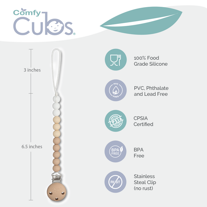 Comfy Cubs Silicone Pacifier Clips for Boys and Girls, Baby Pacifiers Paci Clip (Beige, Light Beige, & White, Pack of 2)