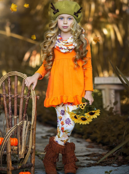 Mia Belle Girls Fancy Fall Florals Tunic, Leggings and Scarf Set