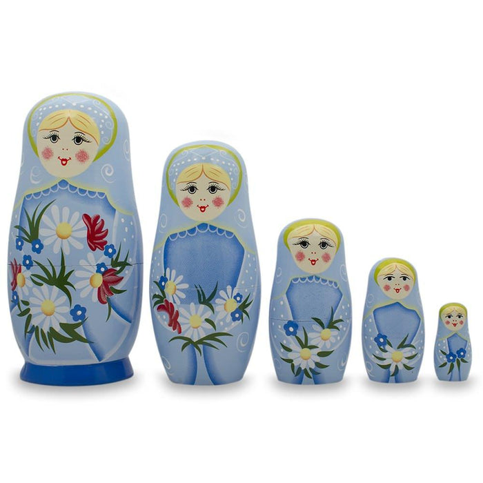 BestPysanky 5 Girls with Daisy Flowers & Blue Skirt Wooden Nesting Dolls 6 Inches