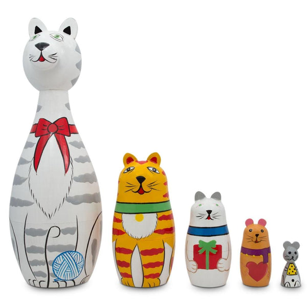 BestPysanky Tabby, Siamese, Maine Coon & Mouse Cats Wooden Nesting Dolls 7 Inches