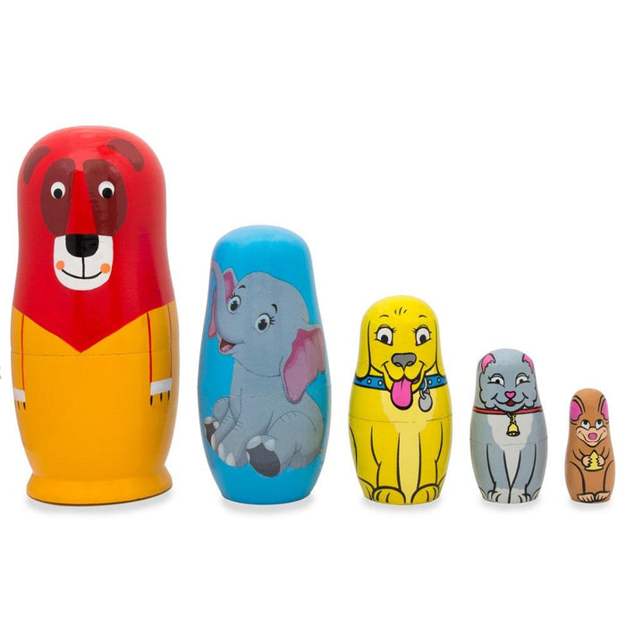 BestPysanky 5 Animals Lion, Elephant, Dog & Cat Wooden Nesting Dolls 5.75 Inches