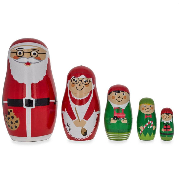 BestPysanky Set of 5 Santa, Mrs. Claus, Elf & Snowman Wooden Nesting Dolls 4.75 Inches