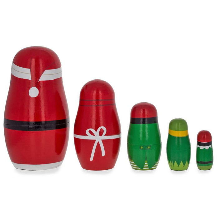 BestPysanky Set of 5 Santa, Mrs. Claus, Elf & Snowman Wooden Nesting Dolls 4.75 Inches