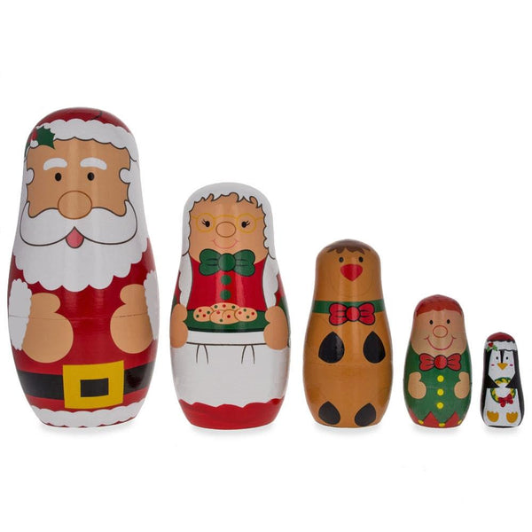 BestPysanky Santa Claus, Mrs. Claus, Reindeer, Elf Wooden Nesting Dolls 6 Inches